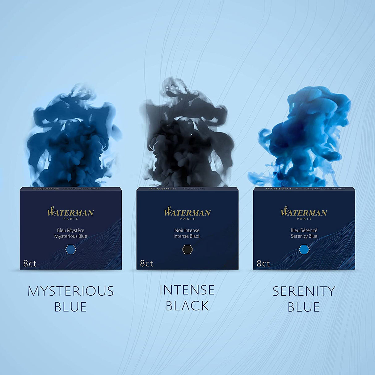 Waterman Ink Bottle (Mysterious Blue - 50 ML) 9000005334. A unique 50 ml ink bottle comes with multi-faceted 9 sides which help you to grasp every remaining drop of ink. Genuine Waterman Ink, France. Onlinemantra.in