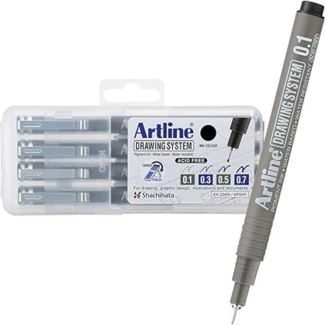 Artline Drawing System 0.1, 0.3, 0.5, 0.7mm Fineliners Pen Pack of 4 - SCOOBOO - EK - 230N/4PSH1 - Fineliners