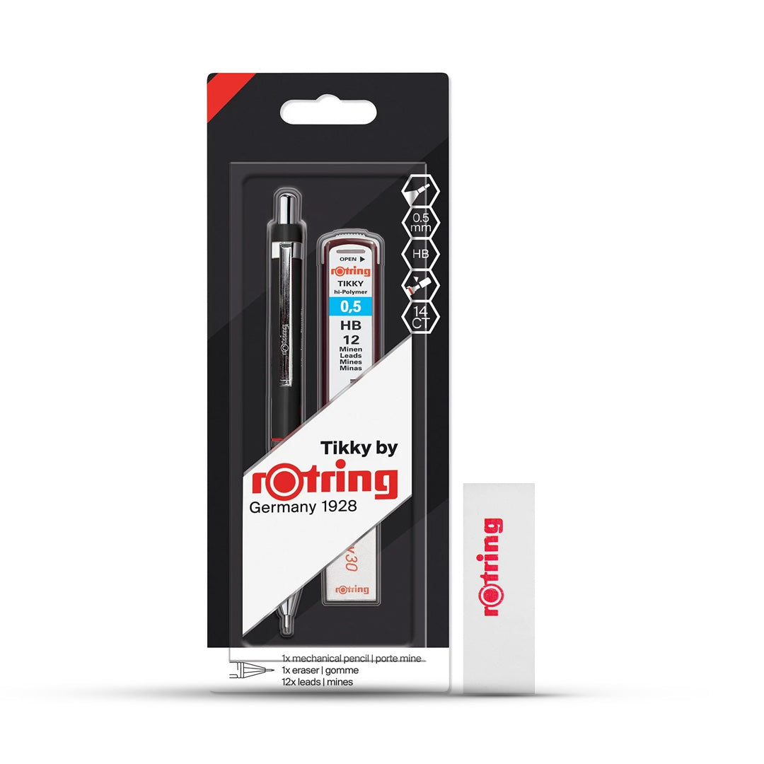 Rotring Tikky Black Barrel 0.5 & 0.7mm Mechanical Pencil, Spare Leads and Eraser