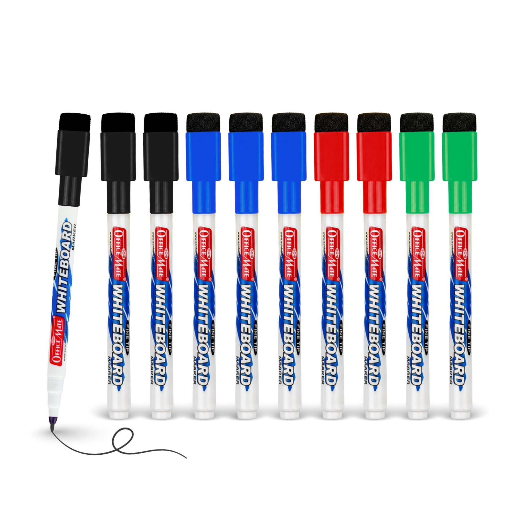 Soni Officemate Fine Tip Whiteboard Marker with Duster On Cap - Pack of 10