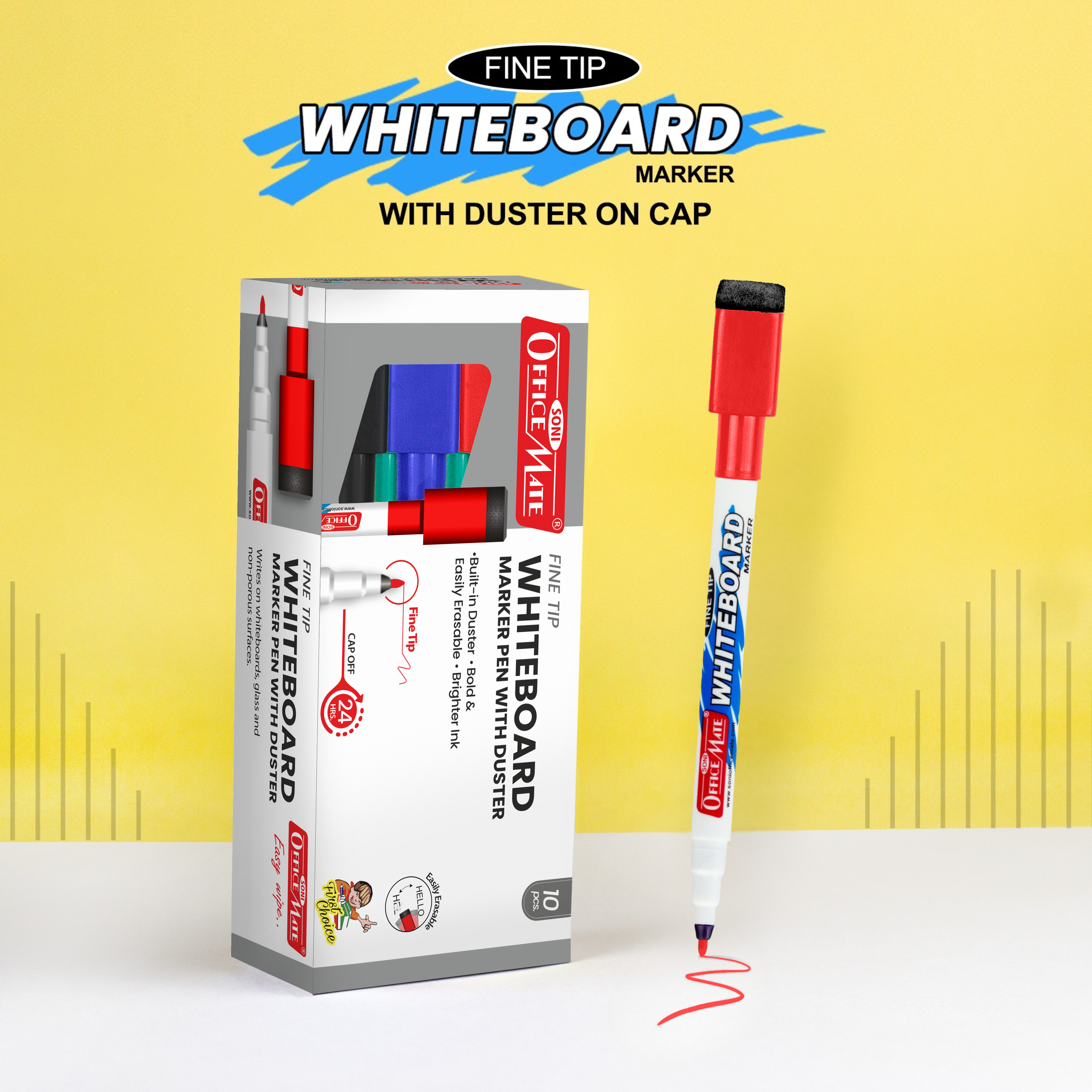 Soni Officemate Fine Tip Whiteboard Marker with Duster On Cap - Pack of 10