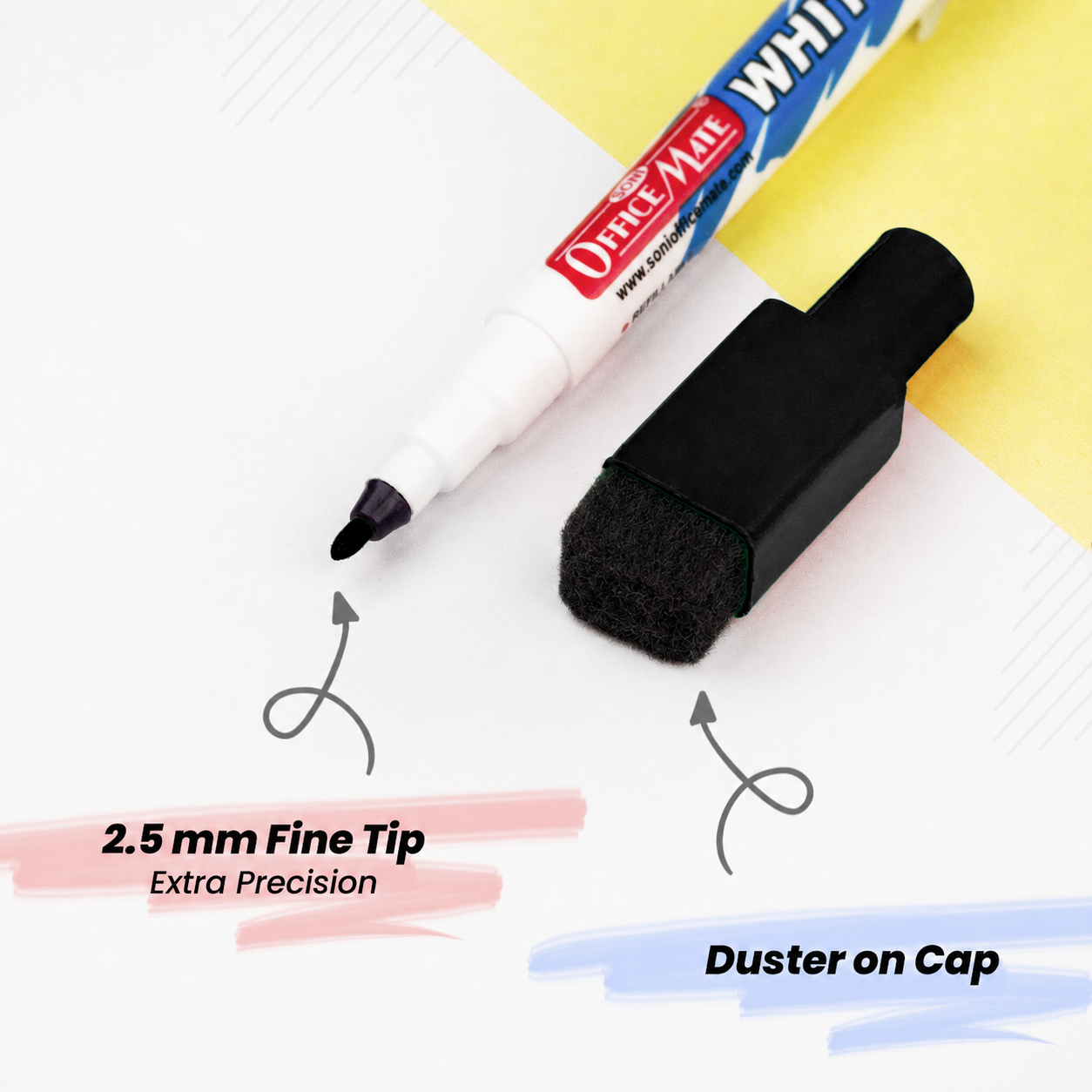 Soni Officemate Fine Tip Whiteboard Marker with Duster On Cap - Pack of 10