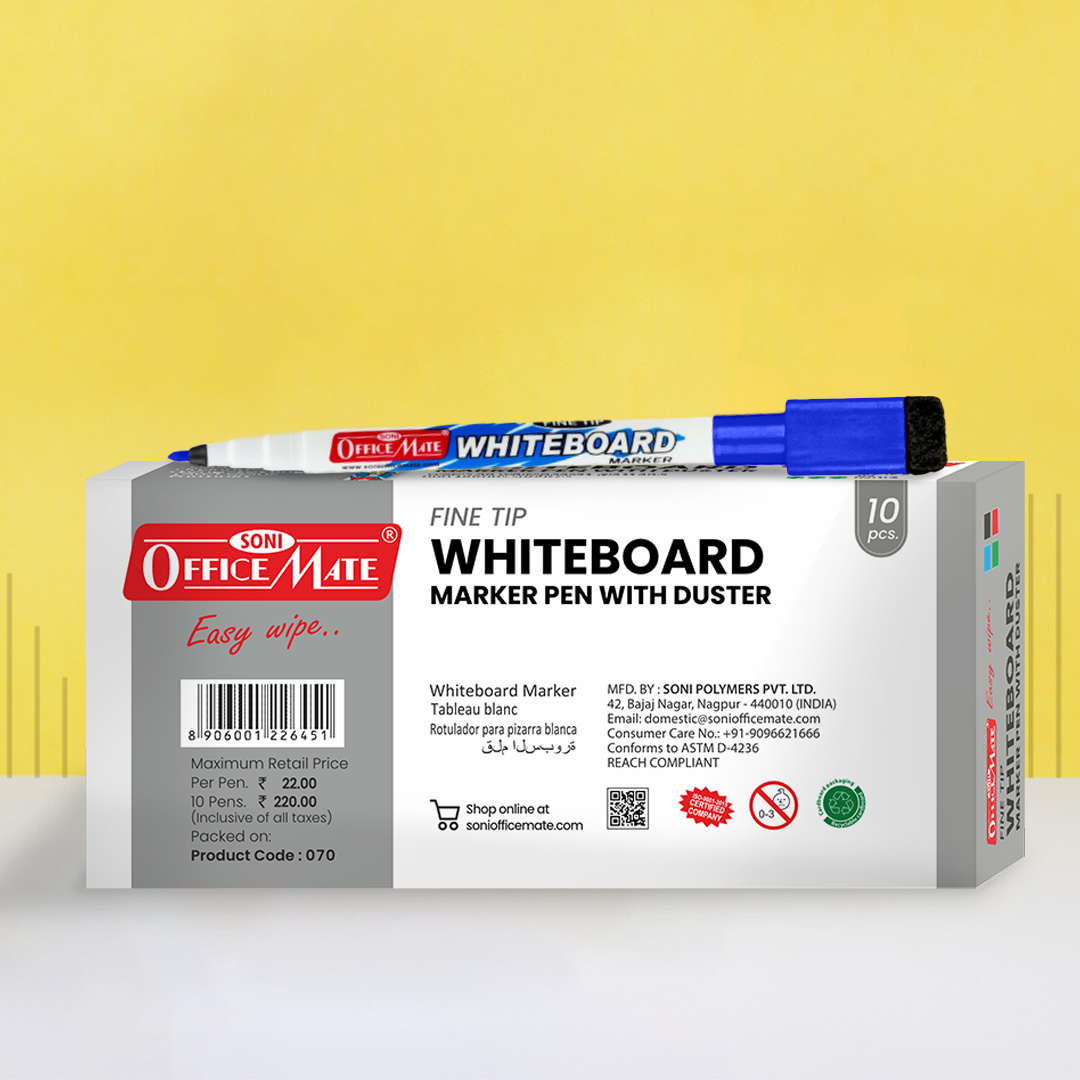 Soni Officemate Fine Tip Whiteboard Marker with Duster On Cap - Pack of 10