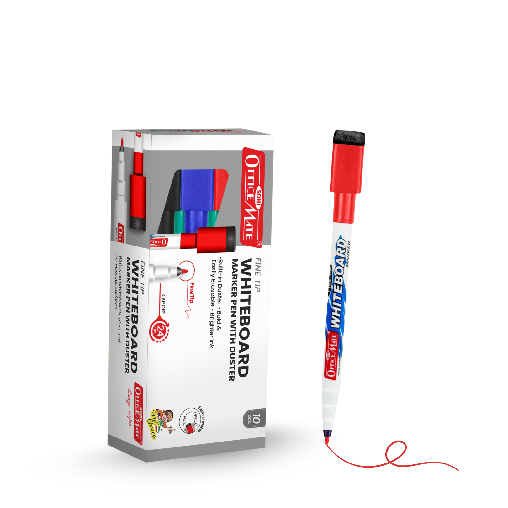 Soni Officemate Fine Tip Whiteboard Marker with Duster On Cap - Pack of 10