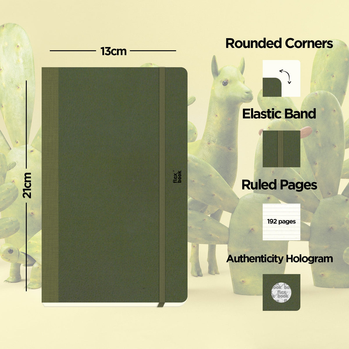Flexbook A5 Medium Size Ruled Lined Notebook 192 Pages - Green Cactus Leaves