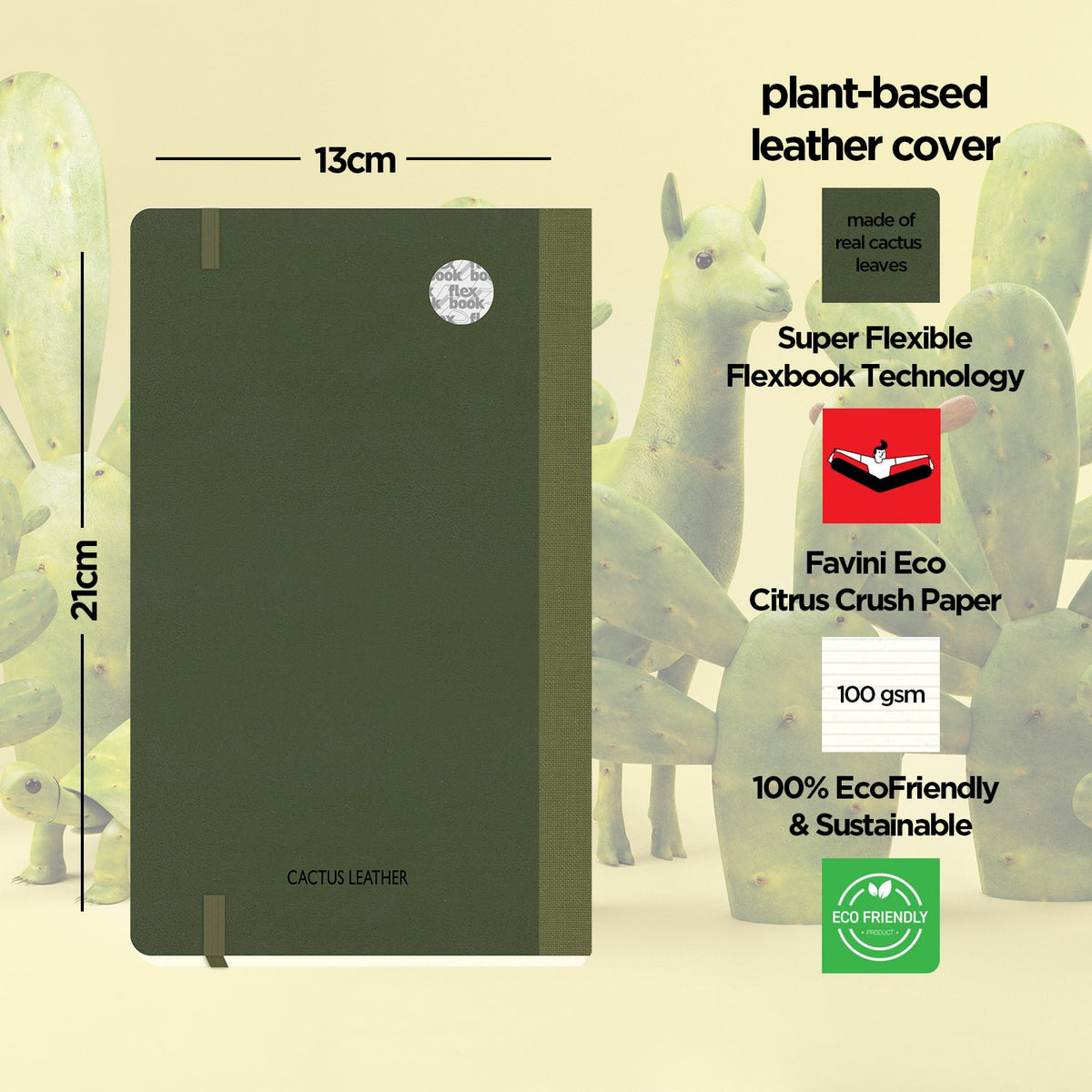 Flexbook A5 Medium Size Ruled Lined Notebook 192 Pages - Green Cactus Leaves
