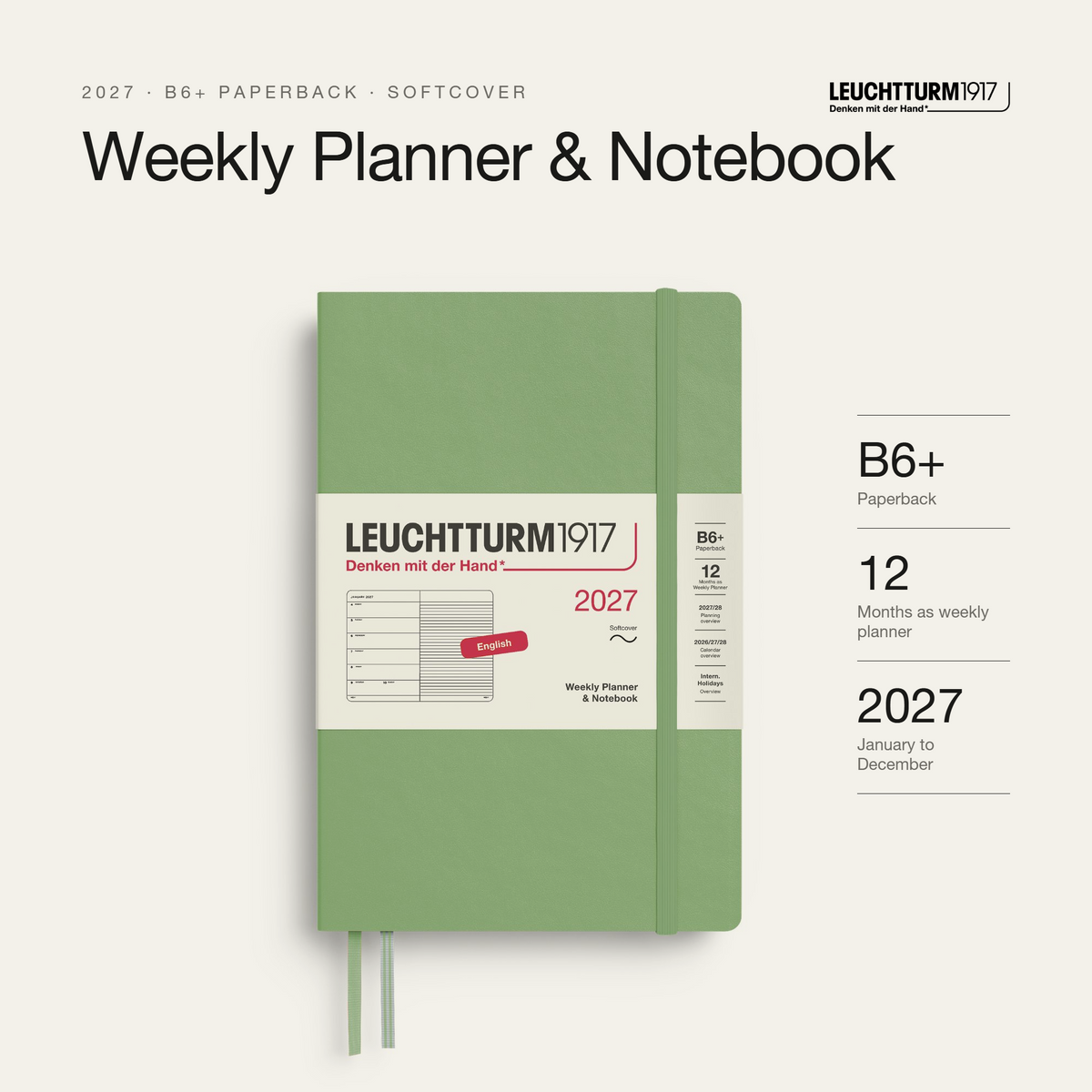 Leuchtturm1917 2027 Weekly Planner & Notebook Softcover (B6+) - Sage