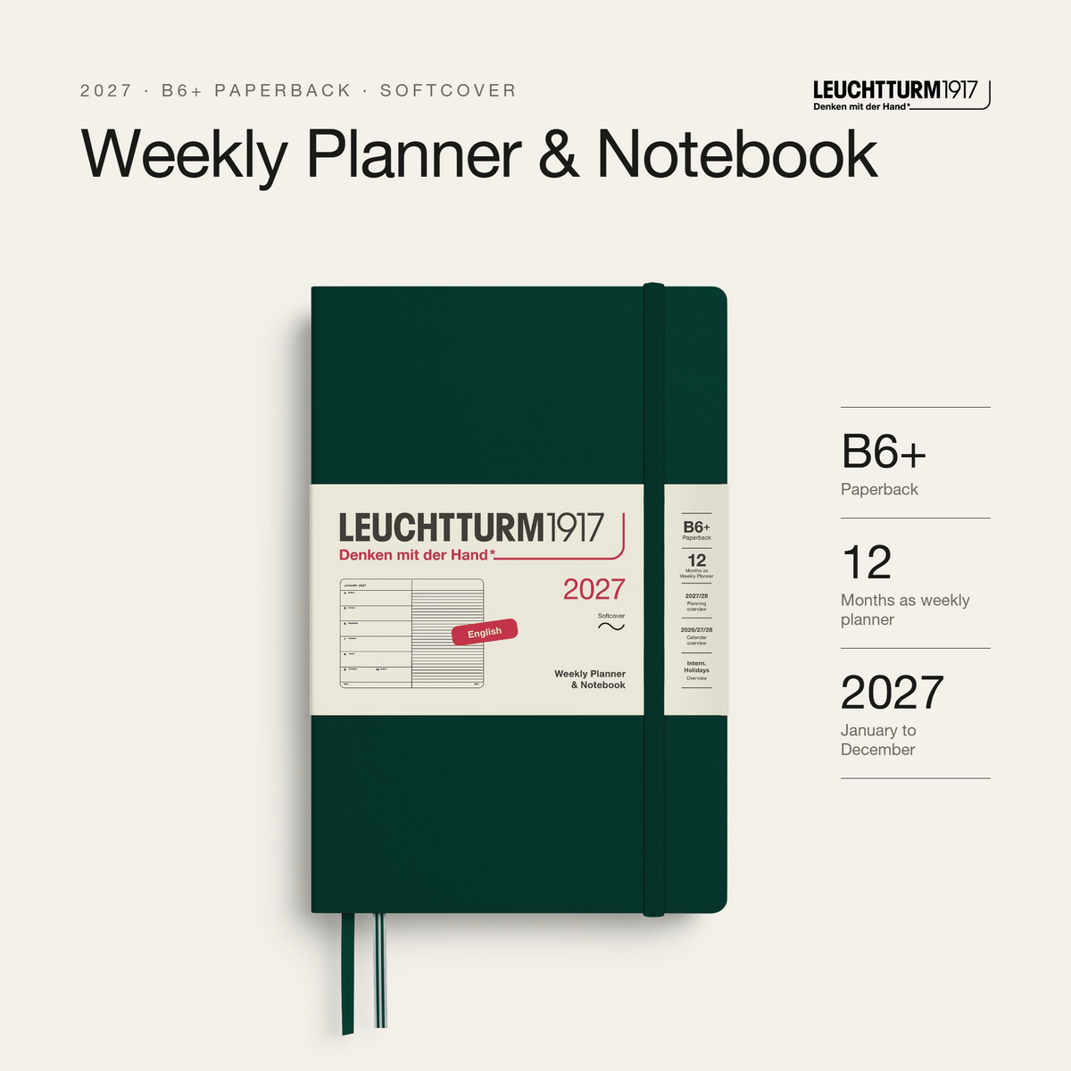 Leuchtturm1917 2027 Weekly Planner & Notebook Softcover (B6+) - Forest Green