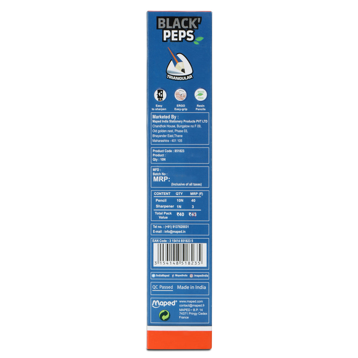 Maped Black Peps Right Dark Graphite Pencils- Pack of 10