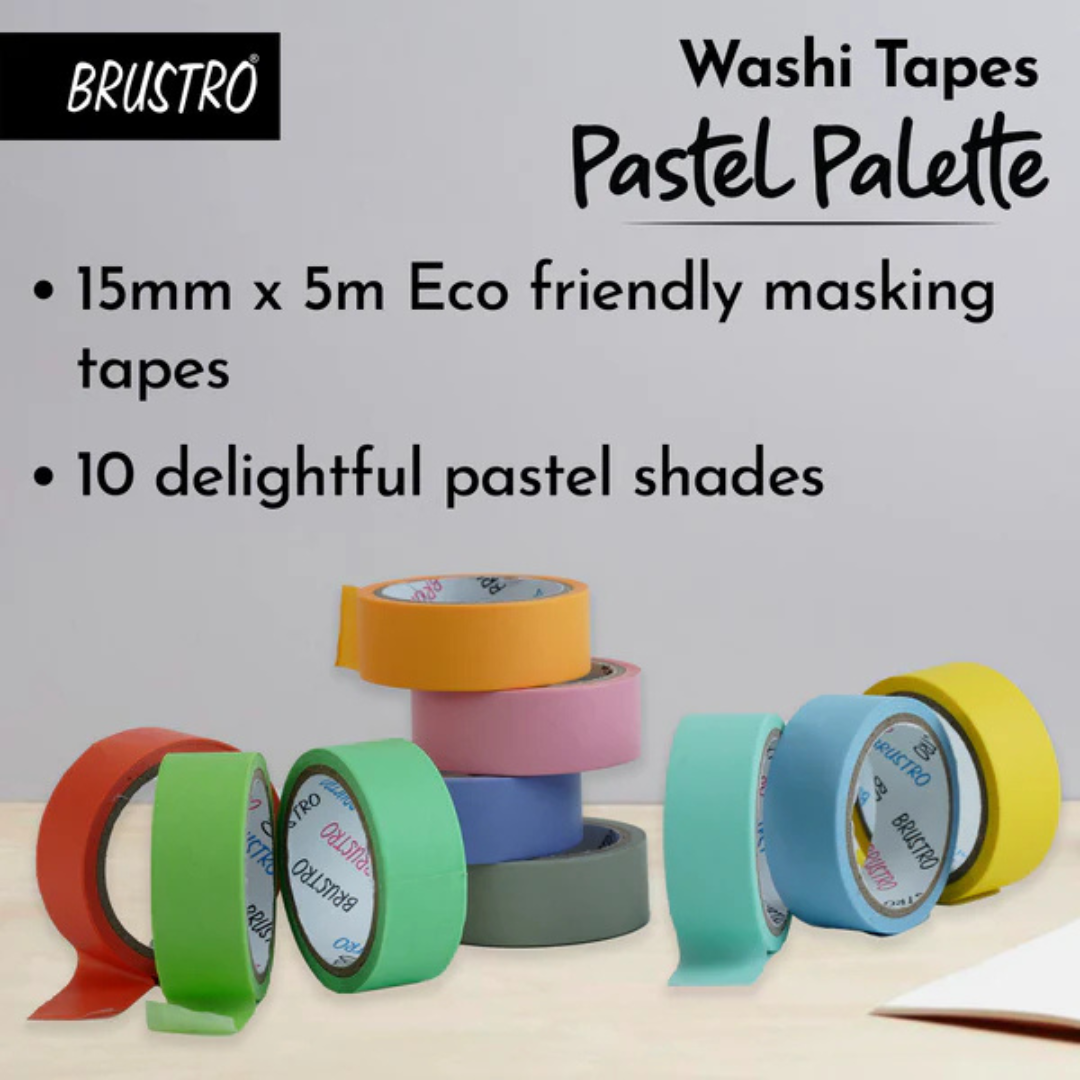 Brustro Washi Masking Tapes Pastel Palette Solids Shade -15mm X 5mtrs (Set of 10)