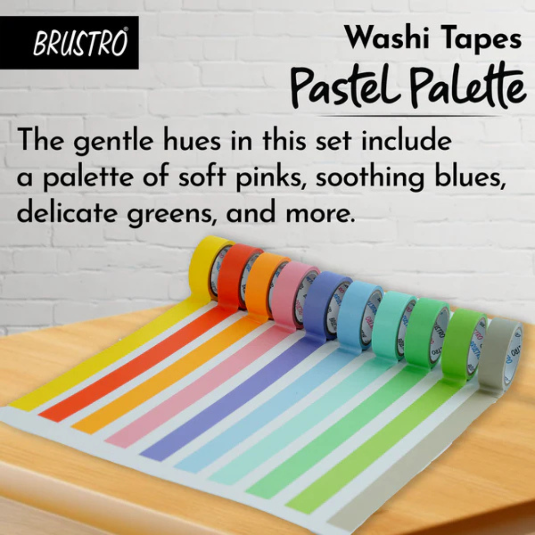 Brustro Washi Masking Tapes Pastel Palette Solids Shade -15mm X 5mtrs (Set of 10)