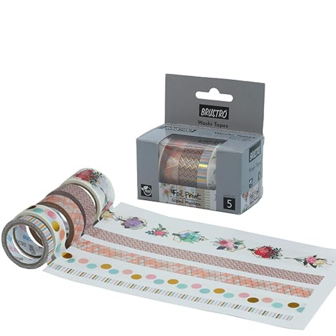 Brustro Washi Tapes Foil Prints Glided Wonders Shade, Set of 5 (25 mm x 5m)
