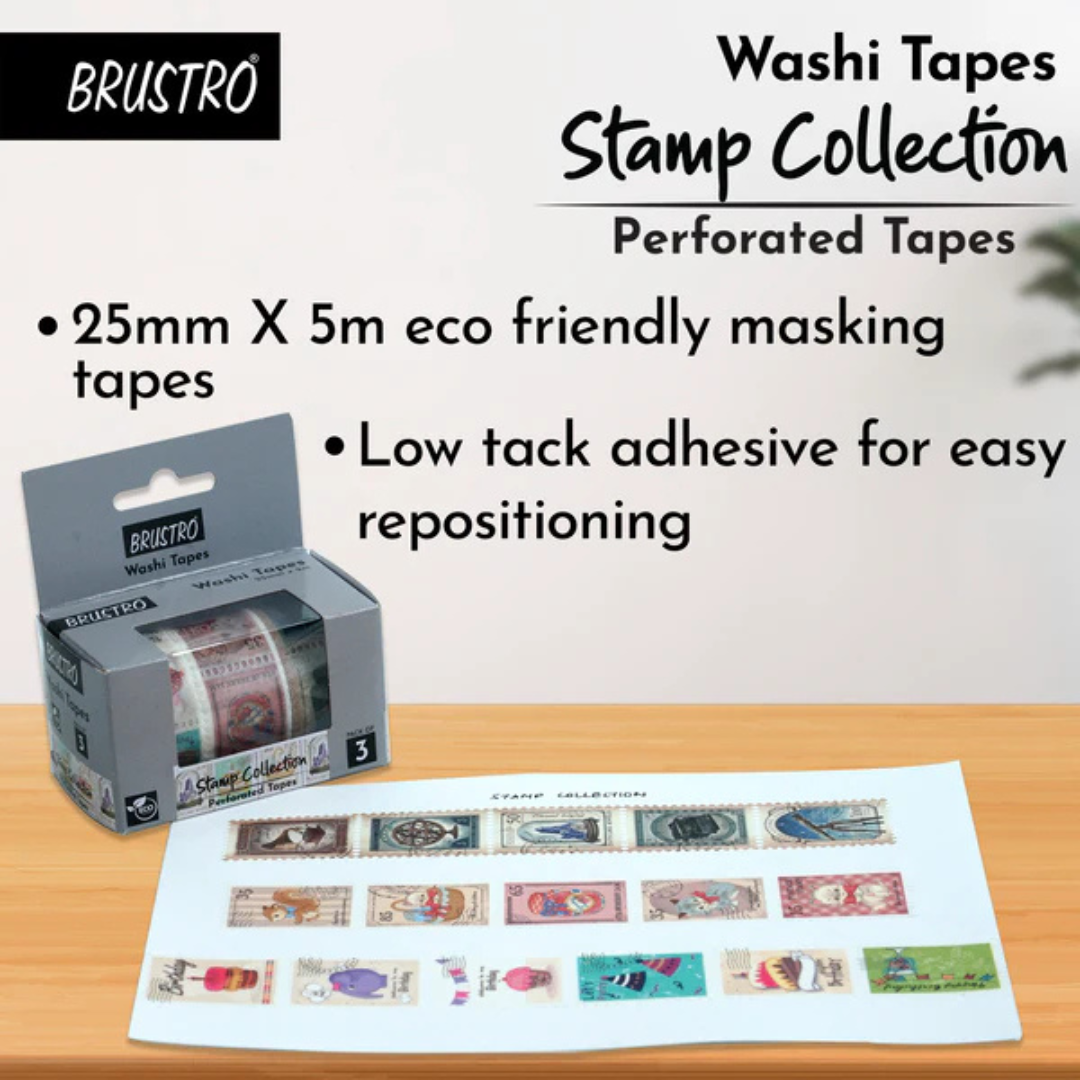 Brustro Washi Tapes Stamp Collection Shade, 25 mm x 5 mtrs (set of 3)