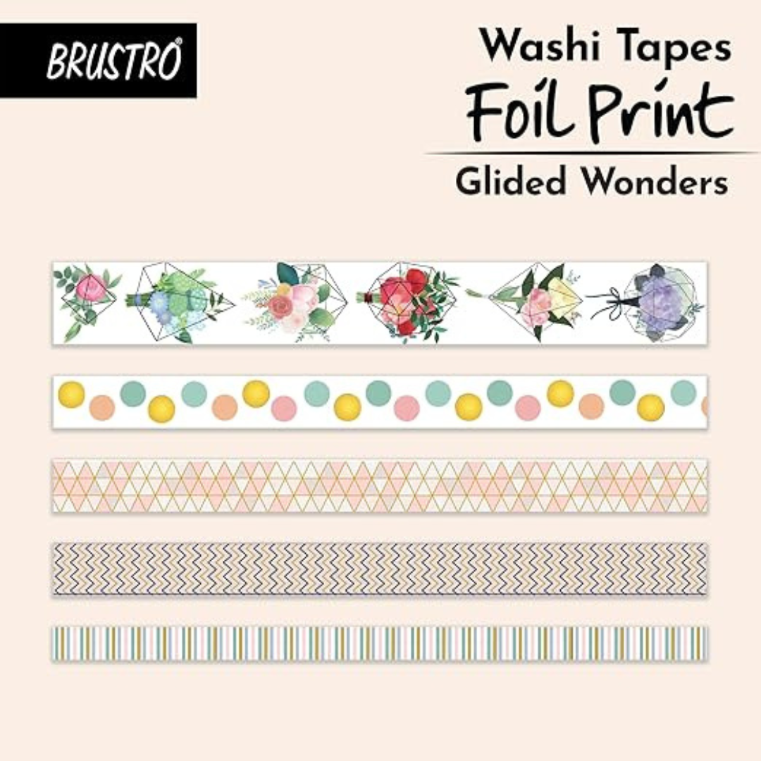 Brustro Washi Tapes Foil Prints Glided Wonders Shade, Set of 5 (25 mm x 5m)
