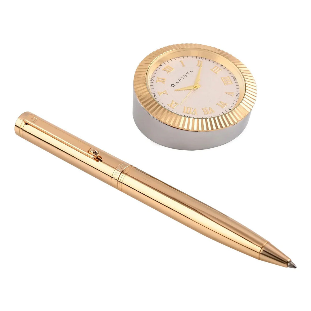 Arista Ballpoint Pen With Gold Chrome Table Clock