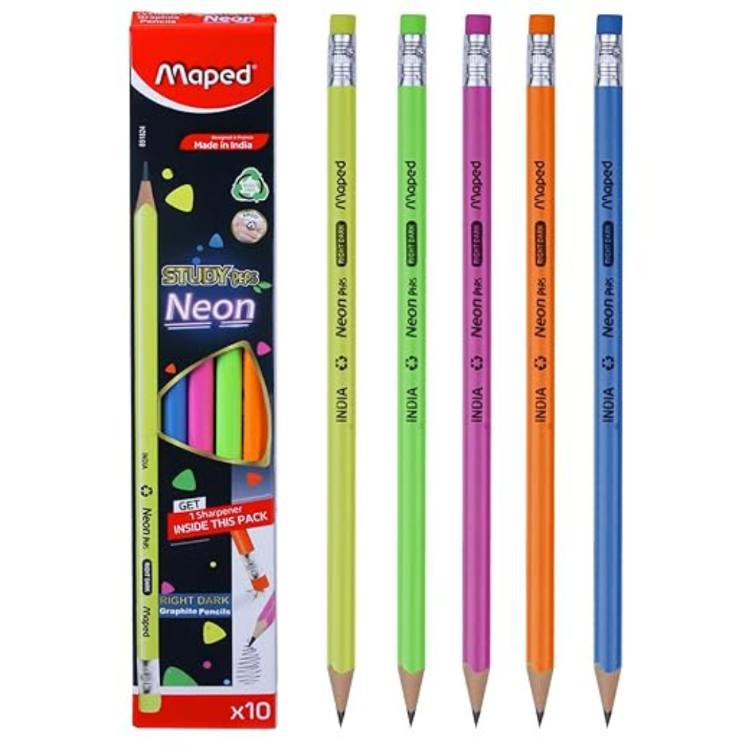 Maped Neon Wood Free Graphite Pencil + Sharpener -Set of 10