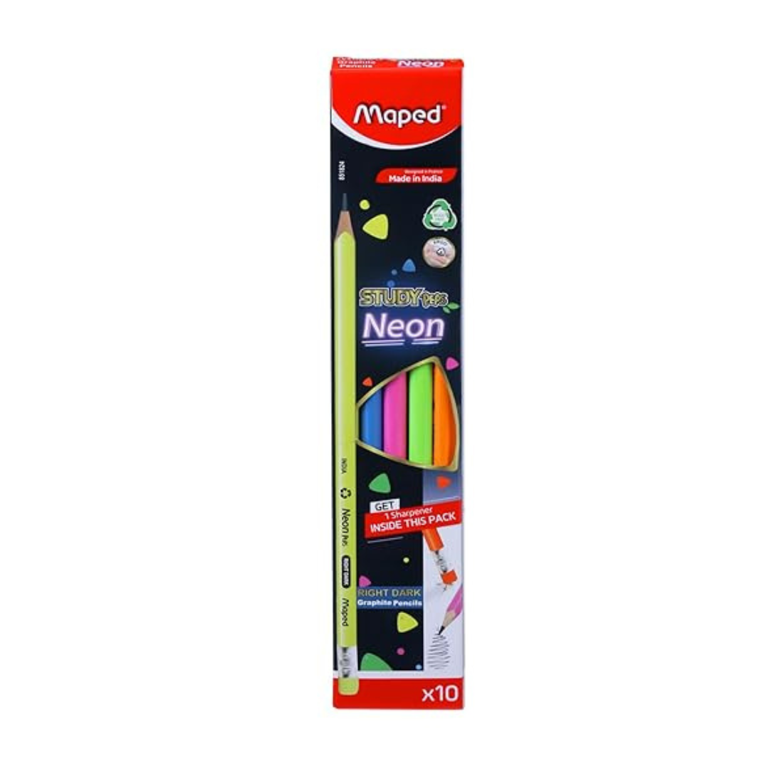 Maped Neon Wood Free Graphite Pencil + Sharpener -Set of 10