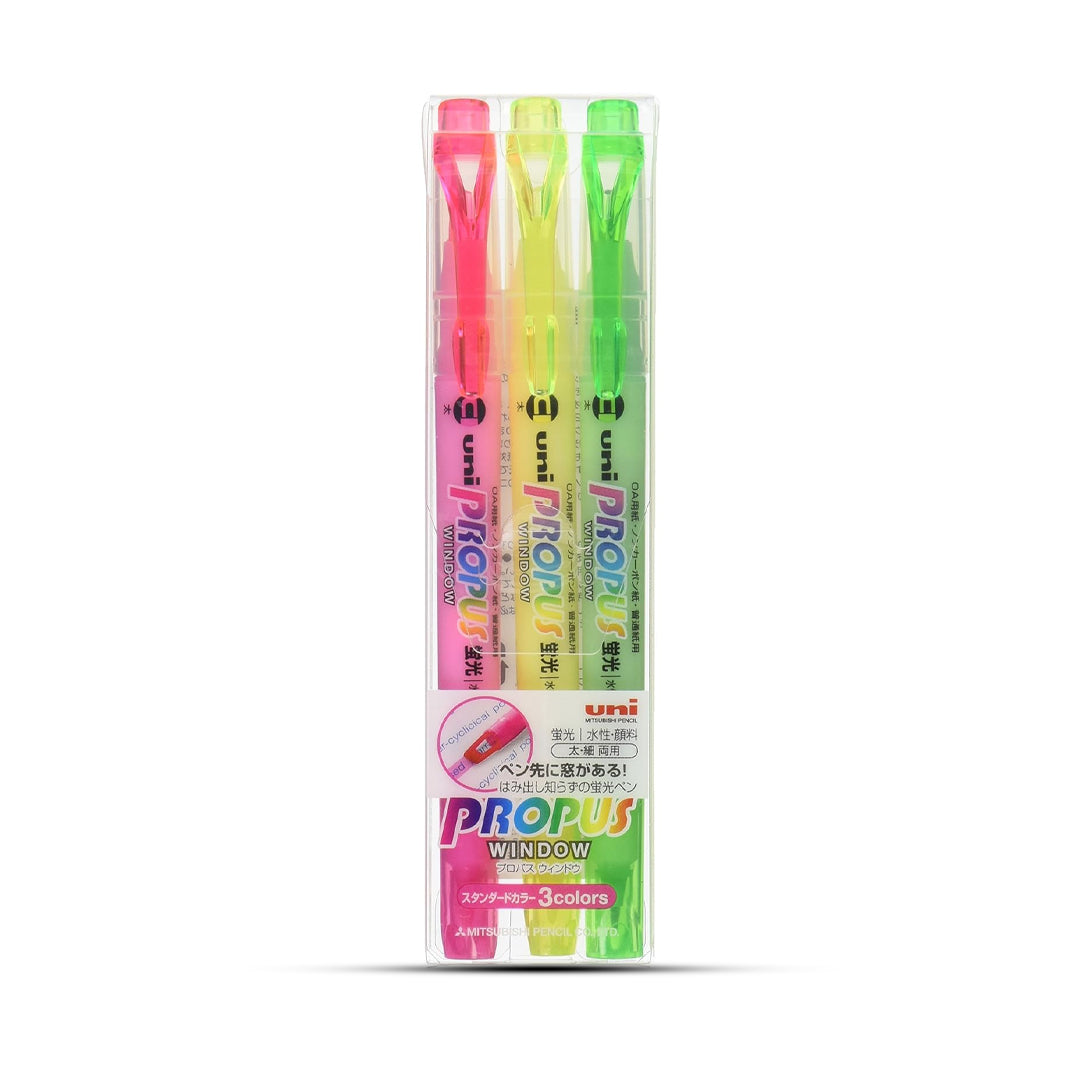 Uni Mitsubishi Pencil Propass Window 3 Color Highlighters Set