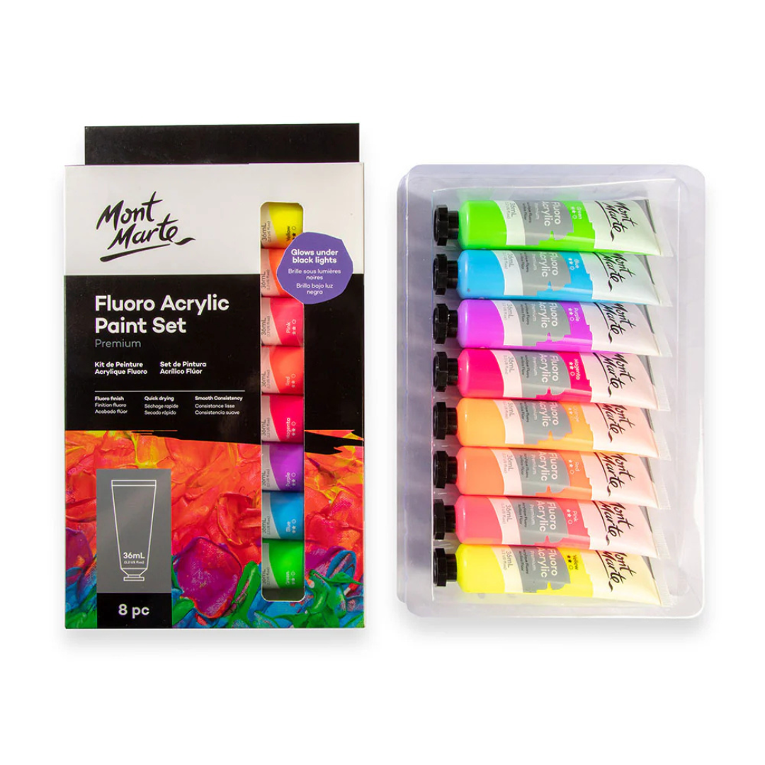 Mont Marte Fluoro Acrylic Paint Set Premium 8pc x 36ml