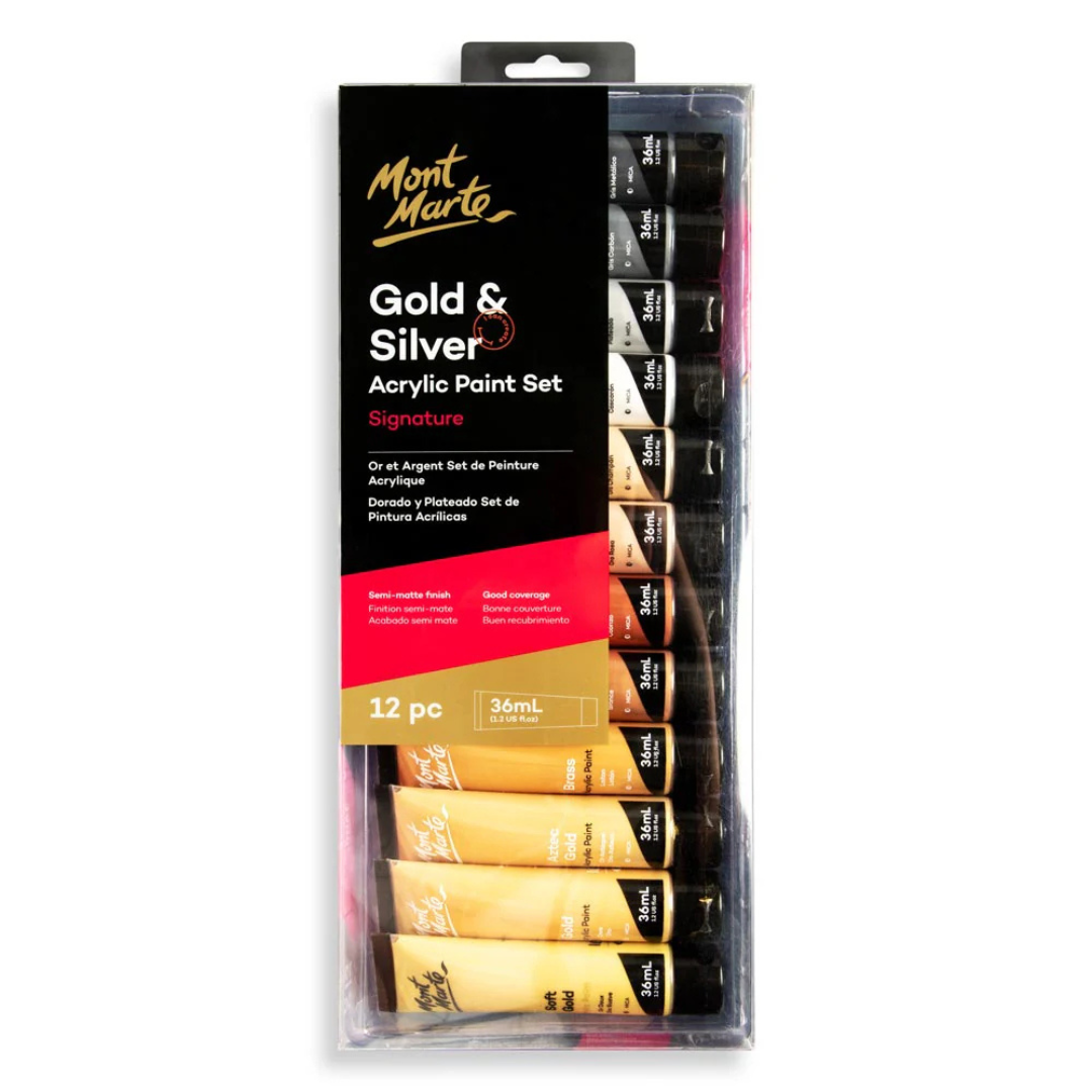 Mont Marte Gold and Silver Acrylic Paint Set Signature 12pc x 36ml