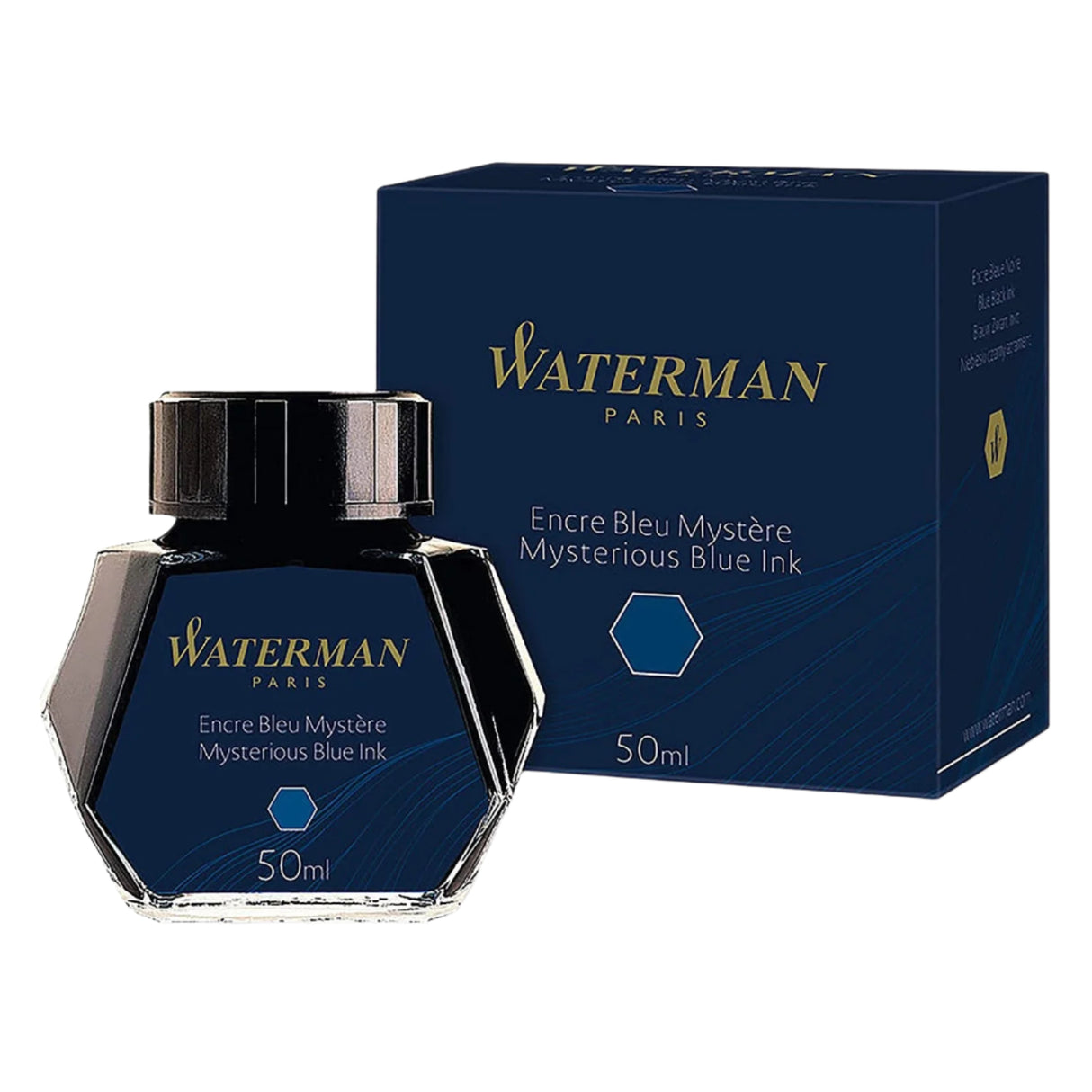 Waterman Ink Bottle (Mysterious Blue - 50 ML) 9000005334. A unique 50 ml ink bottle comes with multi-faceted 9 sides which help you to grasp every remaining drop of ink. Genuine Waterman Ink, France. Onlinemantra.in