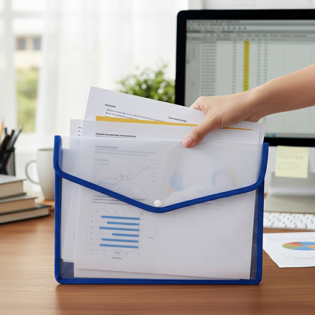 Worldone Flexi Document Case Button Folder Transparent Blue