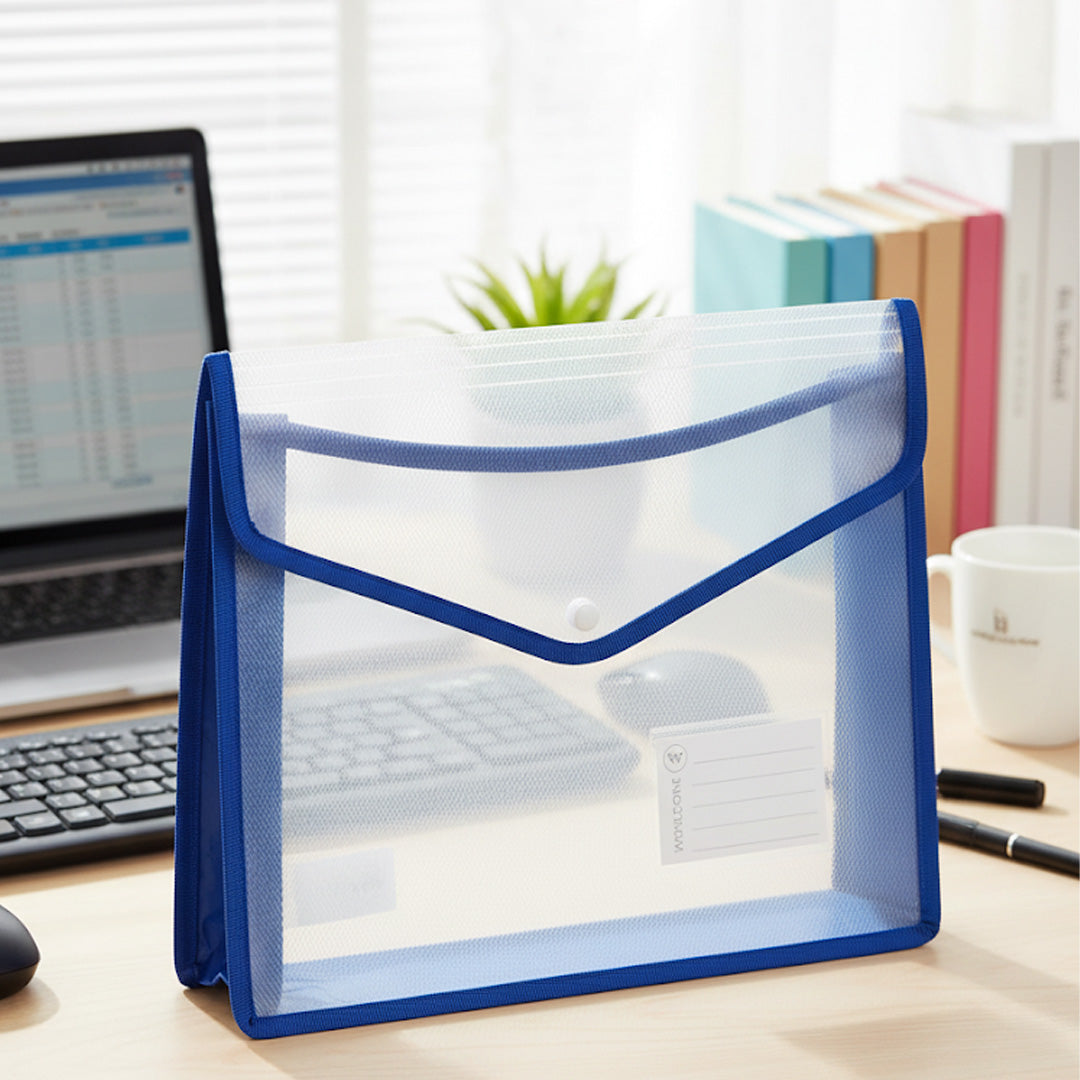 Worldone Flexi Document Case Button Folder Transparent Blue