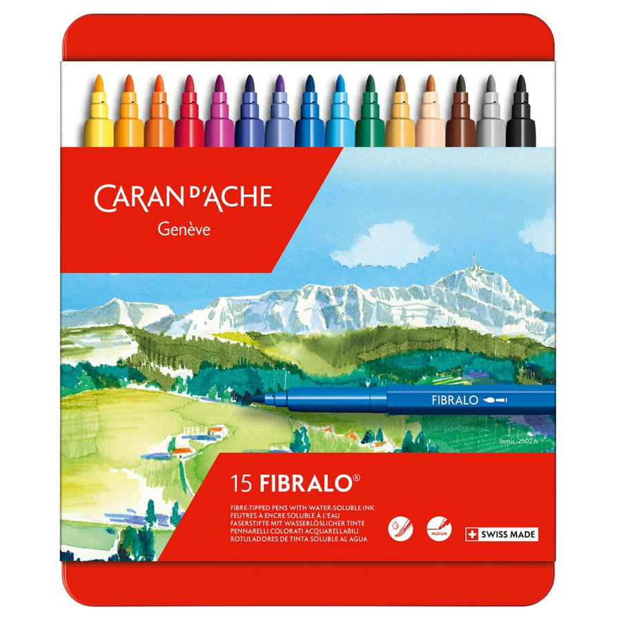 Caran D'ache Fibralo Metal Box 15 Colours Tipped - SCOOBOO - 185.315 - Brush Pens