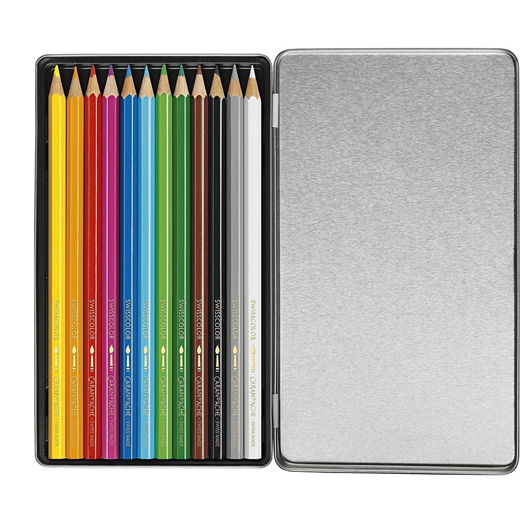 Caran Dache Water Soluble Pencils Metal Box 12 Shades - SCOOBOO - 1290.312 - Watercolour Pencils