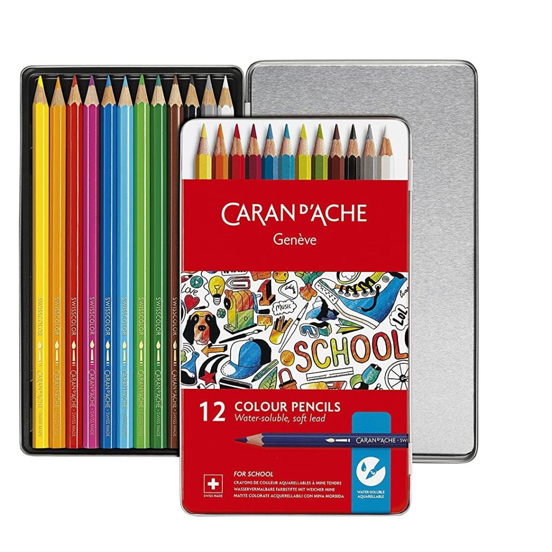 Caran Dache Water Soluble Pencils Metal Box 12 Shades - SCOOBOO - 1290.312 - Watercolour Pencils