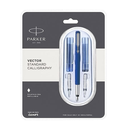 Parker Vector Standard Chrome Trim Calligraphy Fountain Pen With 4 ink Cartridges - SCOOBOO - 9000017372 - Fountain Pen