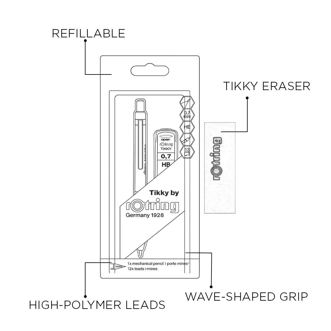 Rotring Tikky Black Barrel 0.5 & 0.7mm Mechanical Pencil, Spare Leads and Eraser