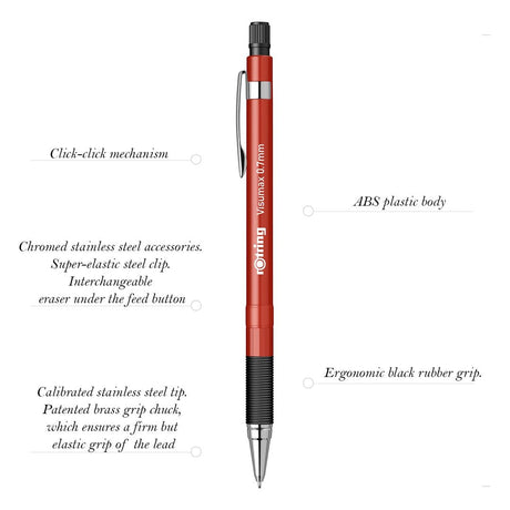 Rotring Visumax Mechanical Pencil 0.7 mm Red with 24 HB Leads Blister Pack - SCOOBOO - 2102716 Red - TGM - Mechanical Pencil