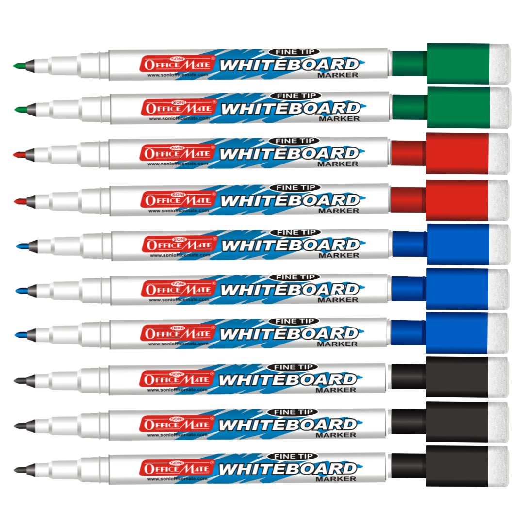 Soni Officemate Fine Tip Whiteboard Marker with Duster On Cap - Pack of 10 - SCOOBOO - White-Board Eraser