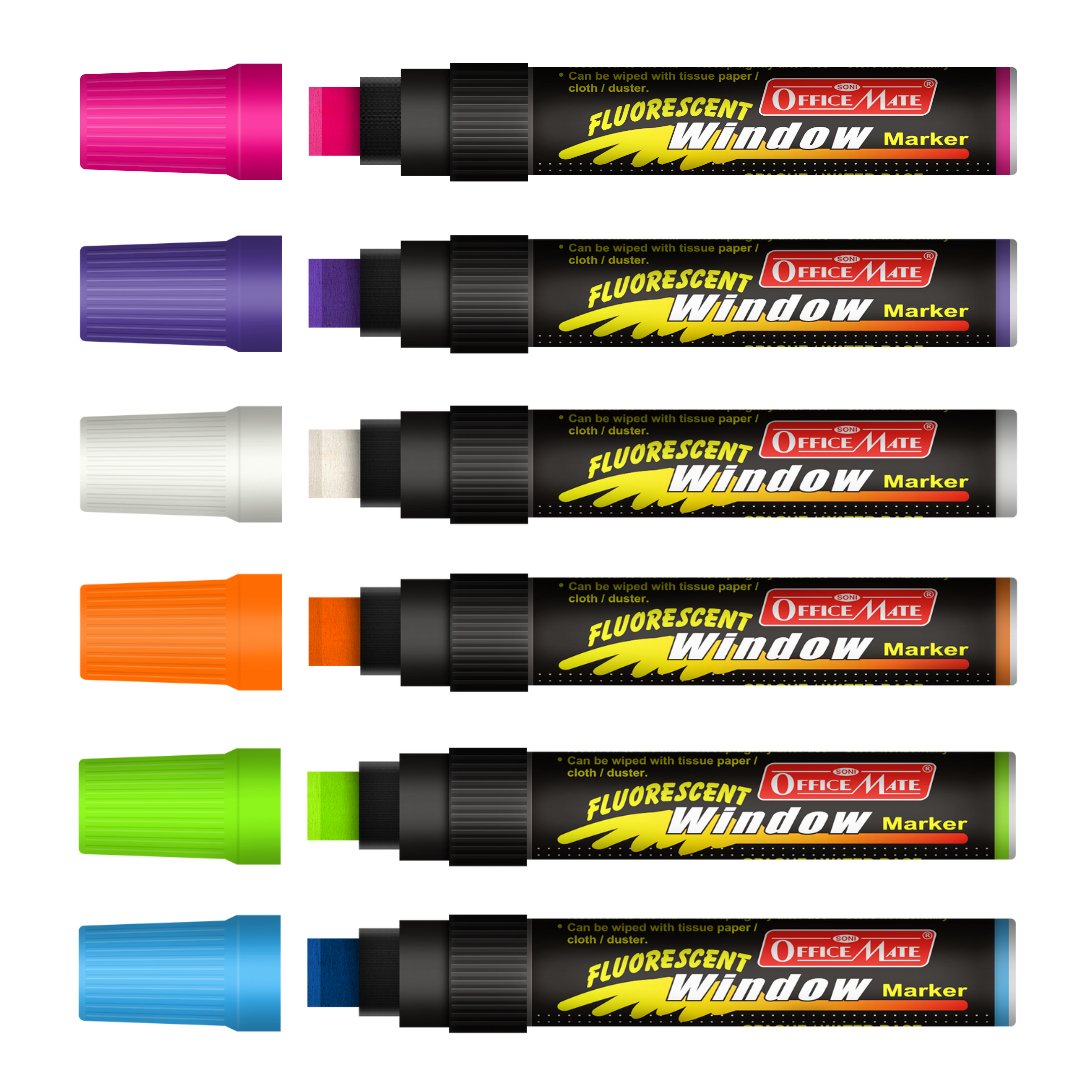 Soni Officemate Fluorescent Window Markers (Pack of 6) - SCOOBOO - Glass Paints & Markers