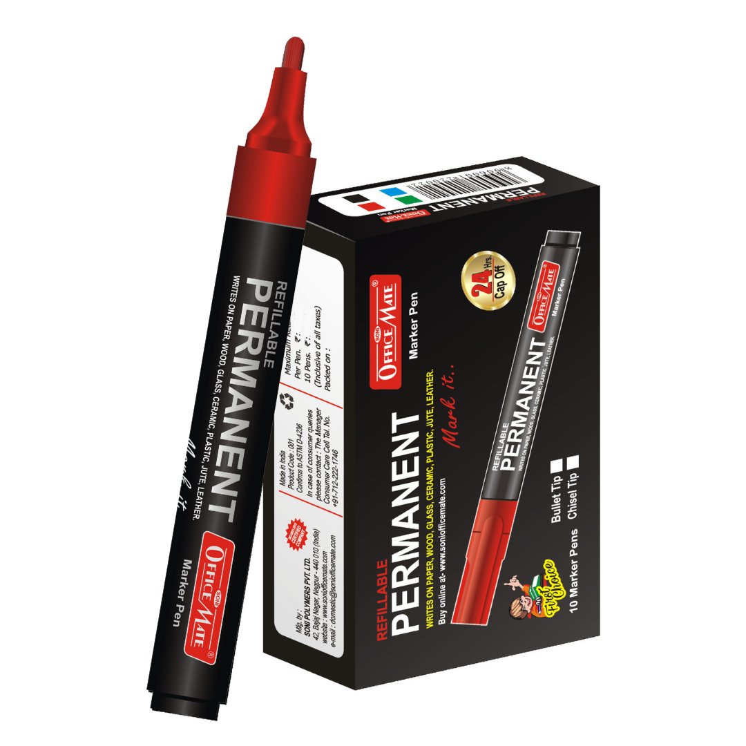 Soni Officemate Permanent Marker - Pack of 10 (Red - SCOOBOO - Pack of 10 ( Red) - Permanent Markers