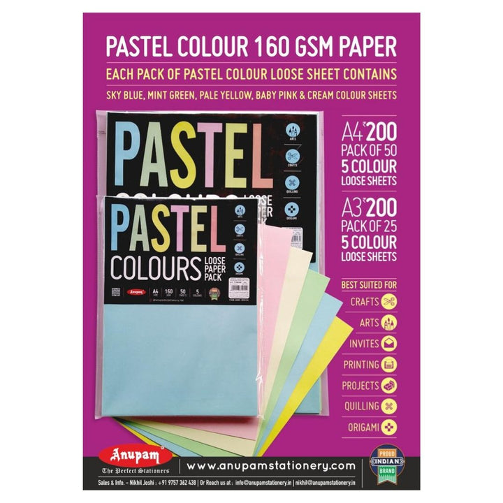 Anupam Pastel Colours Loose Sheets A4, 160 GSM - SCOOBOO - 329154 - Loose Sheets