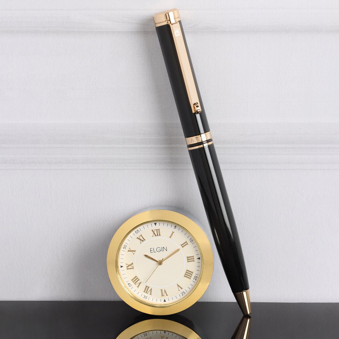 Arista Ballpoint Pen With Gold Chrome Table Clock - SCOOBOO - blackgold - Ball Pen