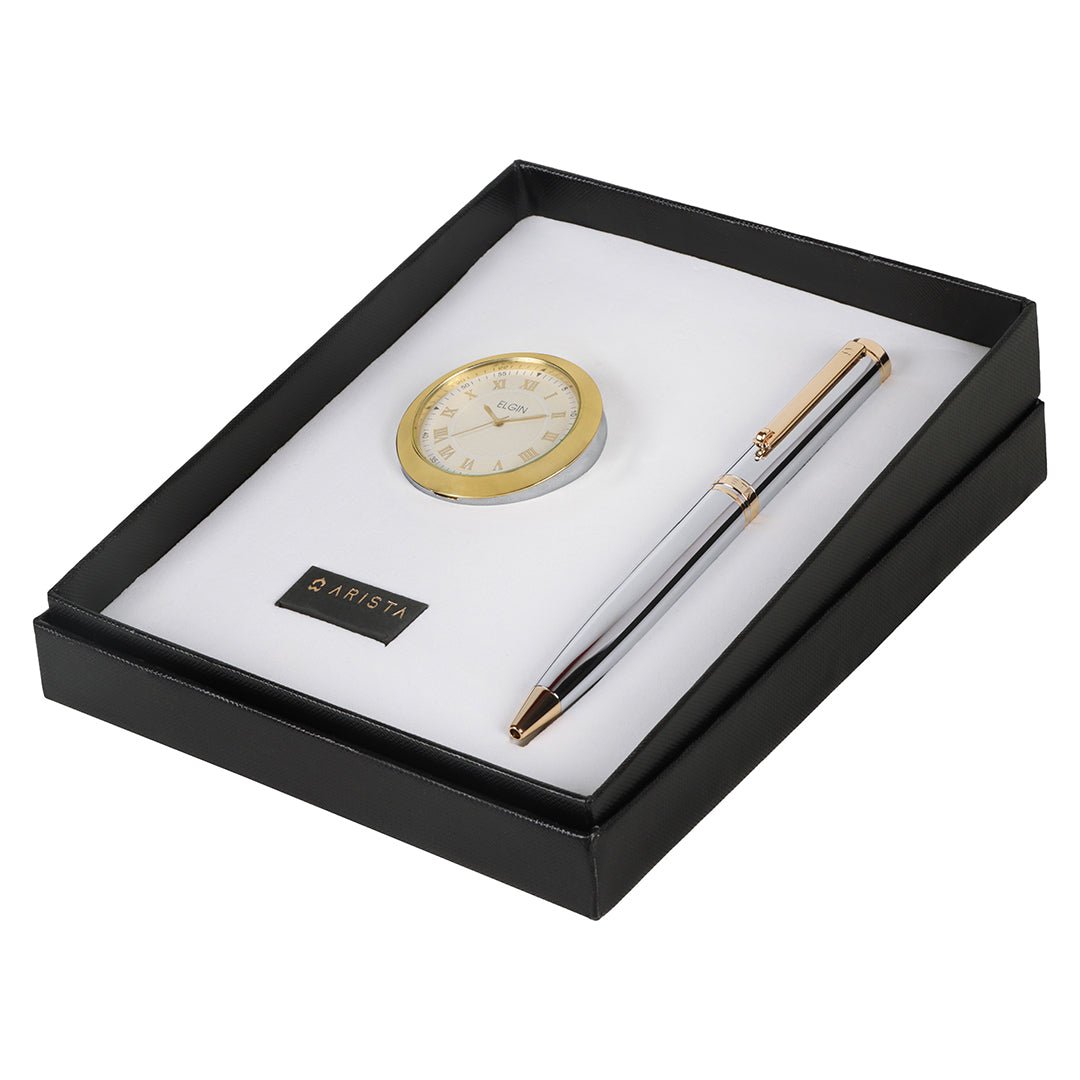 Arista Ballpoint Pen With Gold Chrome Table Clock - SCOOBOO - chromegoldclock - Ball Pen