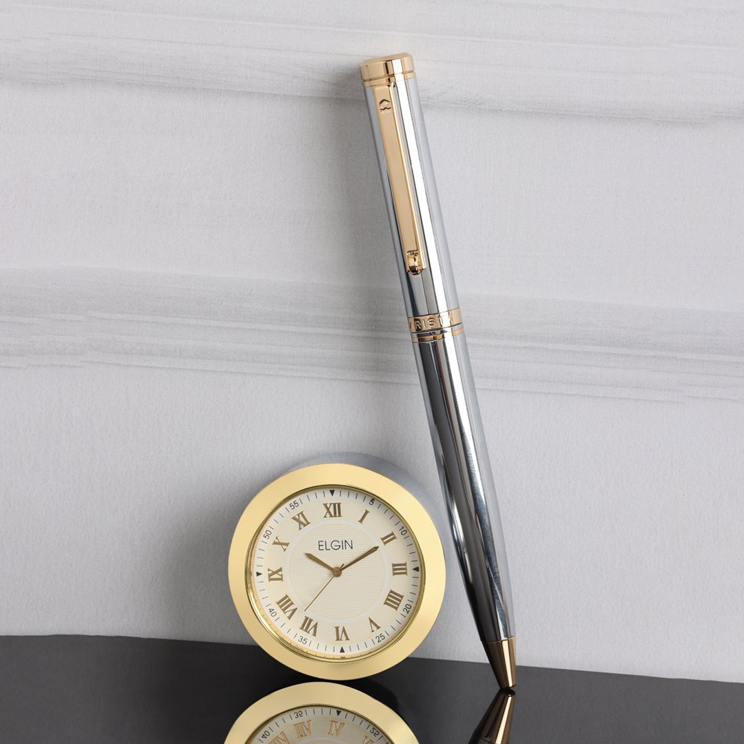 Arista Ballpoint Pen With Gold Chrome Table Clock - SCOOBOO - chromegoldclock - Ball Pen