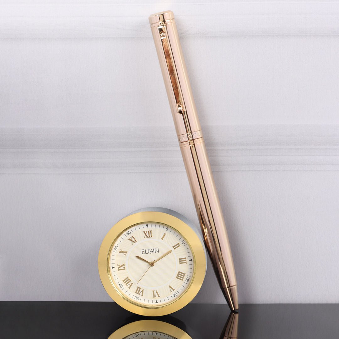 Arista Ballpoint Pen With Gold Chrome Table Clock - SCOOBOO - full gold - Ball Pen
