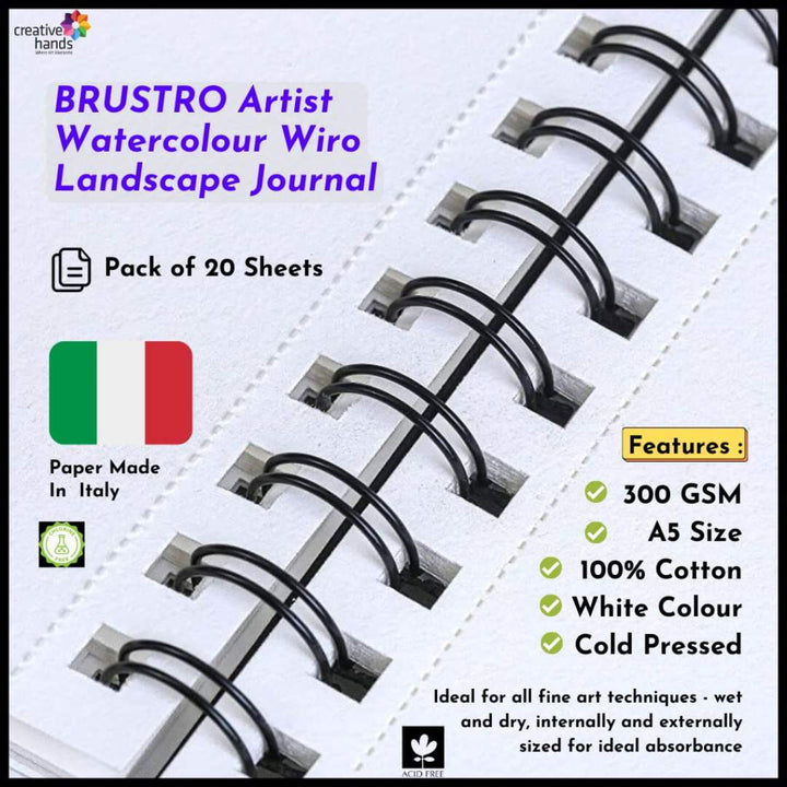 BRUSTRO Artist 100% Cotton Watercolour Wiro Bound Journal Cold Pressed 300 GSM - SCOOBOO - BRWC10A53WJL - Journals