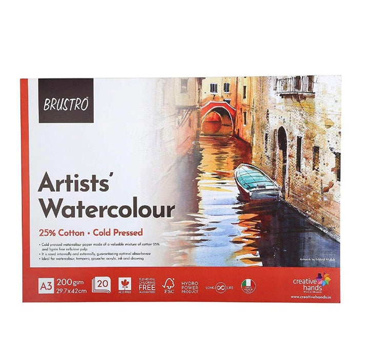 BRUSTRO Artist 25% Cotton Watercolour Glued Pad Cold Pressed - SCOOBOO - BRWC25A32G - Watercolour Pads & Sheets