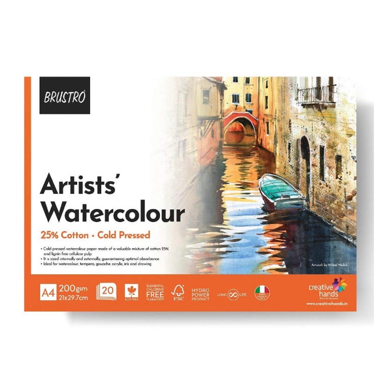 BRUSTRO Artist 25% Cotton Watercolour Glued Pad Cold Pressed - SCOOBOO - BRWC255A42G - Watercolour Pads & Sheets