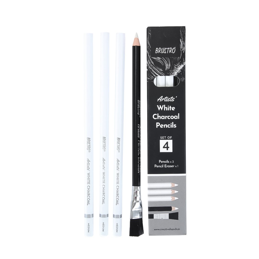 BRUSTRO Artists White Charcoal Pencils- Set Of 4 - SCOOBOO - BRWCPWE - Charcoal Pencil