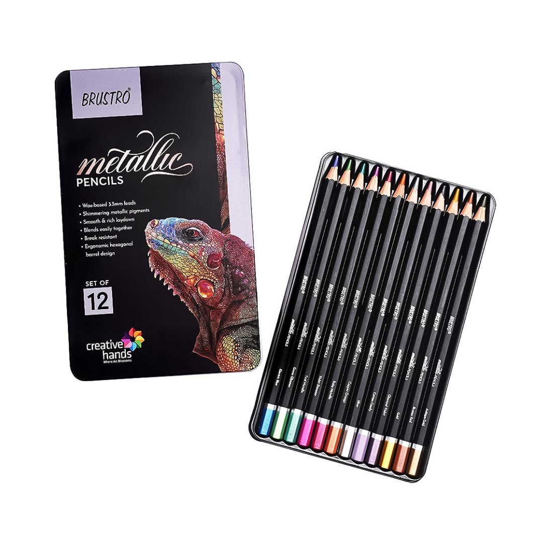 BRUSTRO Metallic Colour Pencils-Set Of 12 - SCOOBOO - BRMPS12 - Coloured Pencils