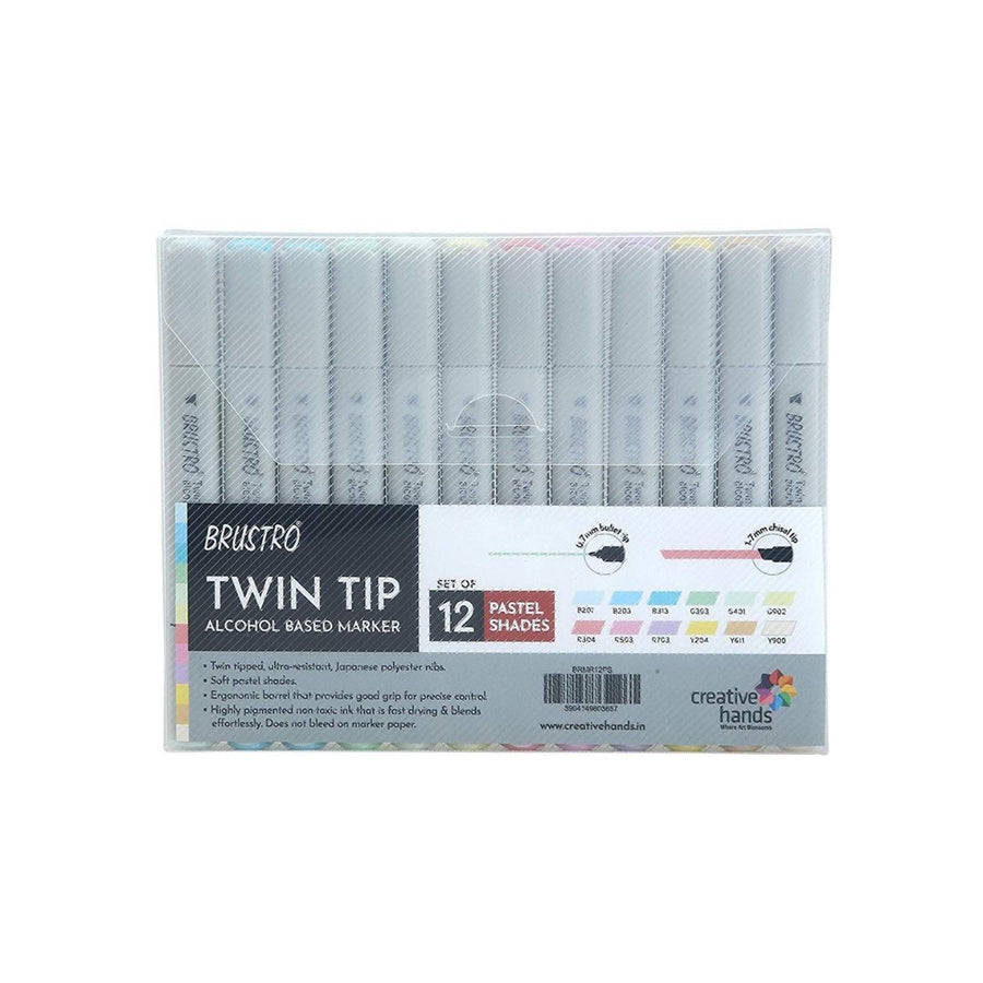 Brustro Multicolor Twin Tip Alcohol Based Marker Set Of 12 - Pastel Tones - SCOOBOO - BRMR12PS - White-Board & Permanent Markers