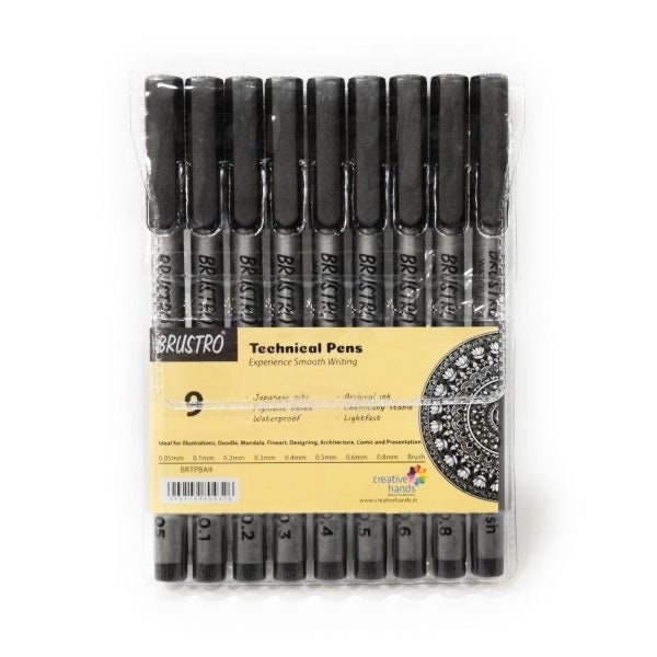 Brustro Technical Pen Black Assorted Set of 9 - SCOOBOO - BRTPBA9 - Fineliner