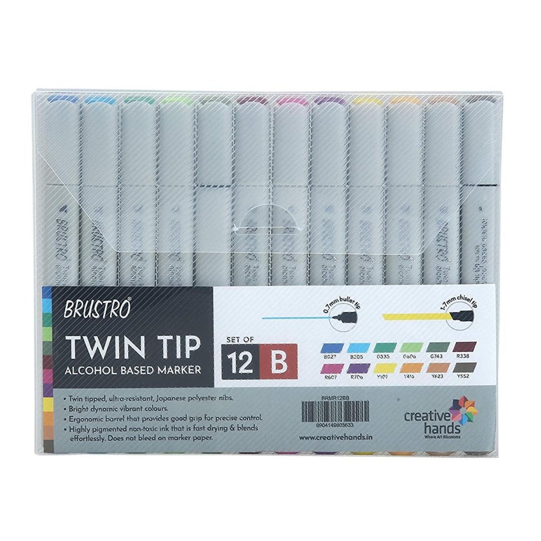Brustro Twin Tip Alcohol Based Marker - Basic B (Set Of 12) - SCOOBOO - BRMR12BB - White-Board & Permanent Markers