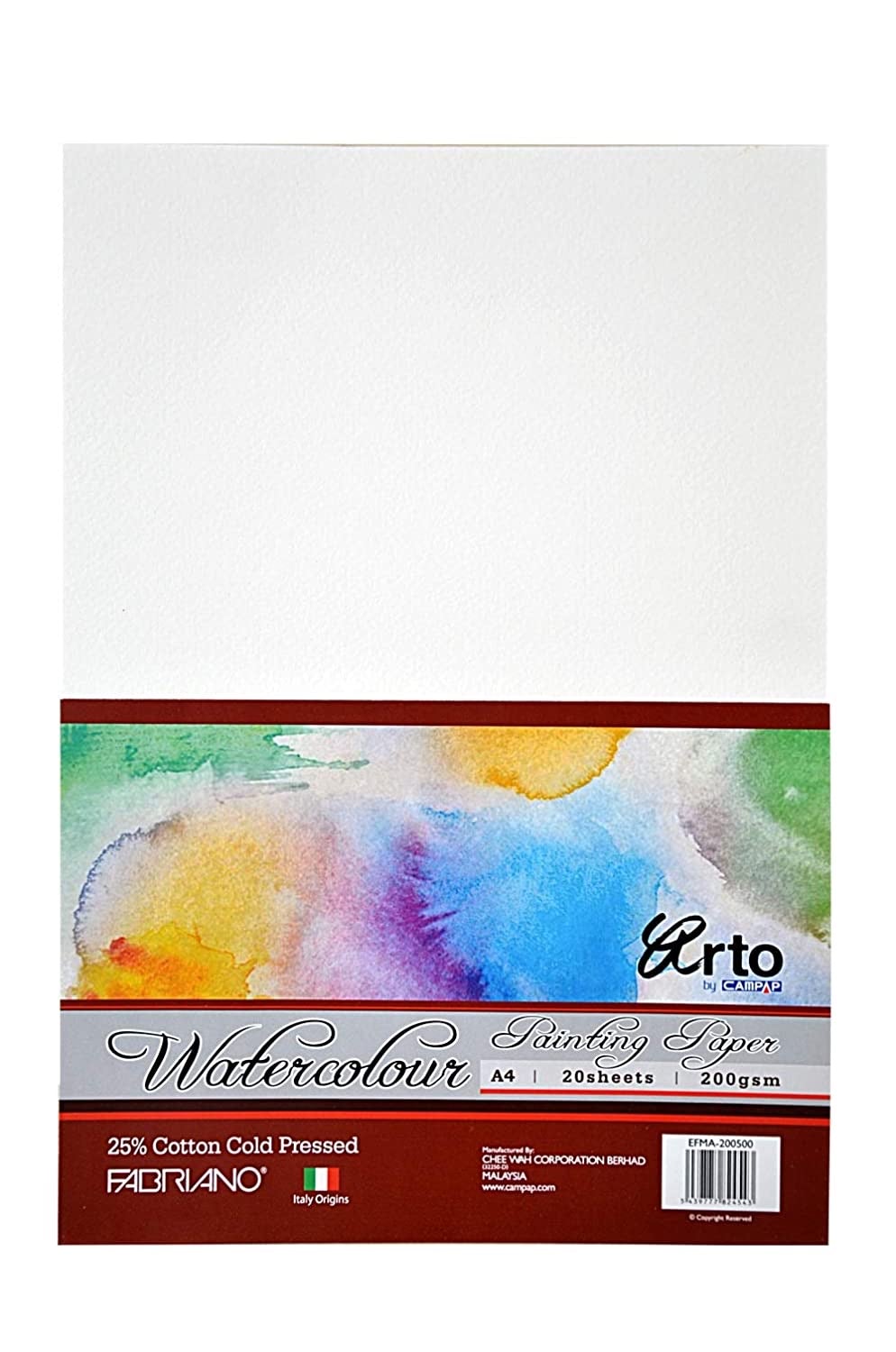 Campap Fabriano Watercolour Paper Pack of 20 Sheets (25% Cotton, Cold Pressed) 200 GSM, A4 - SCOOBOO - Loose Sheets